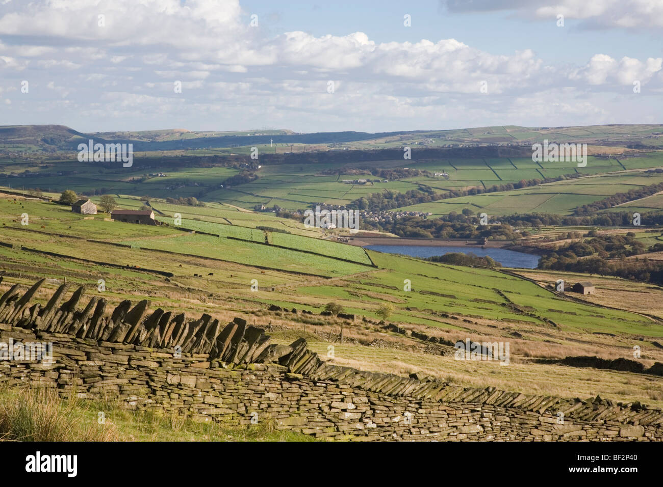 Dry stone wall scenic view across upland farmland fields in Peak District National Park Holmfirth England UK Britain Stock Photo