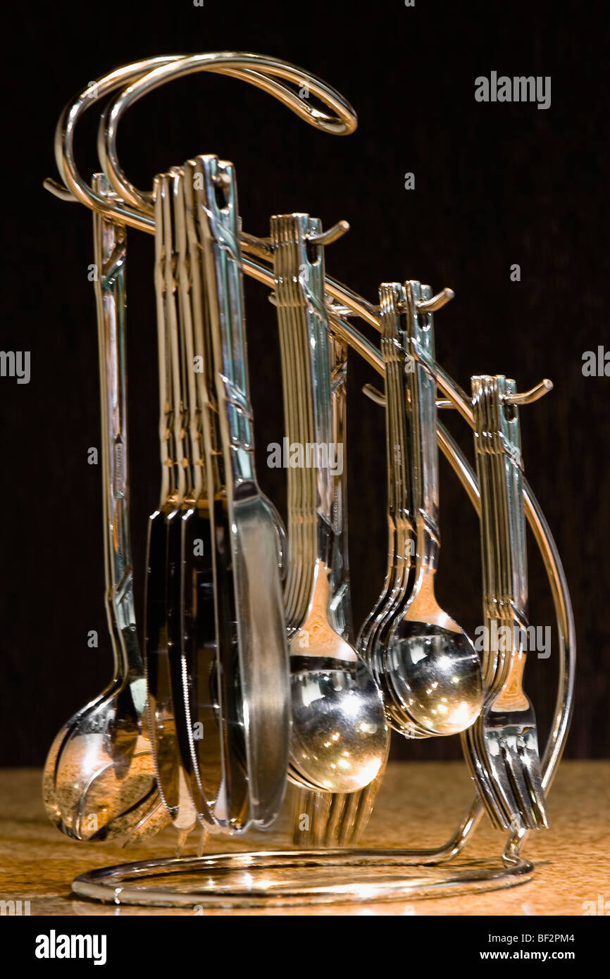 Closeup of cutlery set with stand Stock Photo Alamy