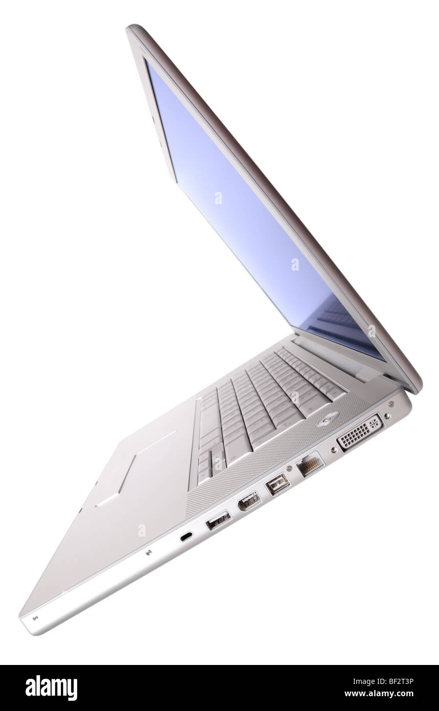 Modern hi-tech aluminium laptop with empty screen isolated on white background. Stock Photo