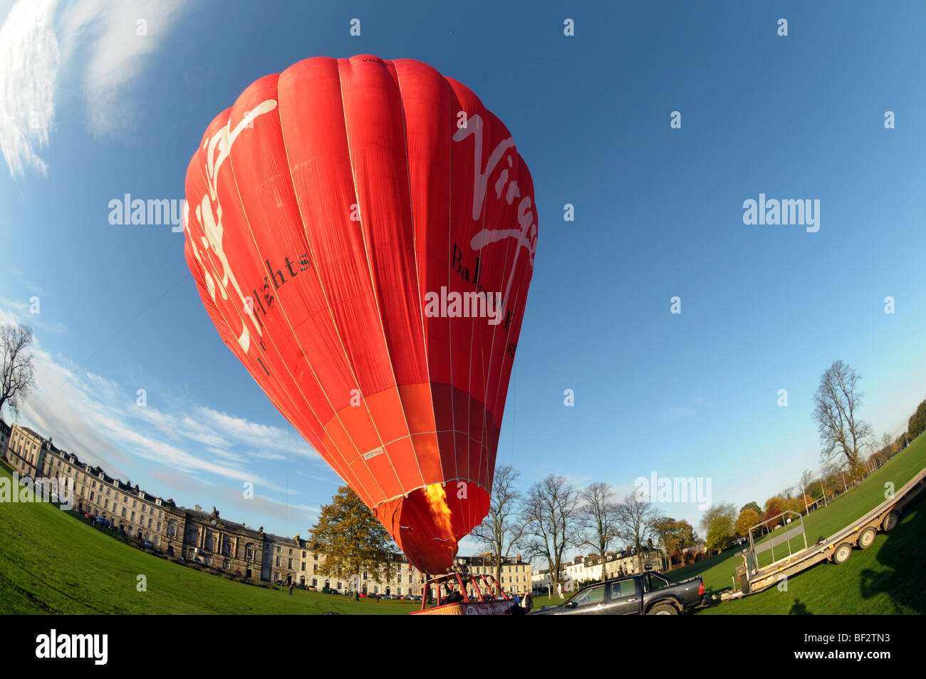 Wide angle view of hot air balloon being inflated before take off. Stock Photo