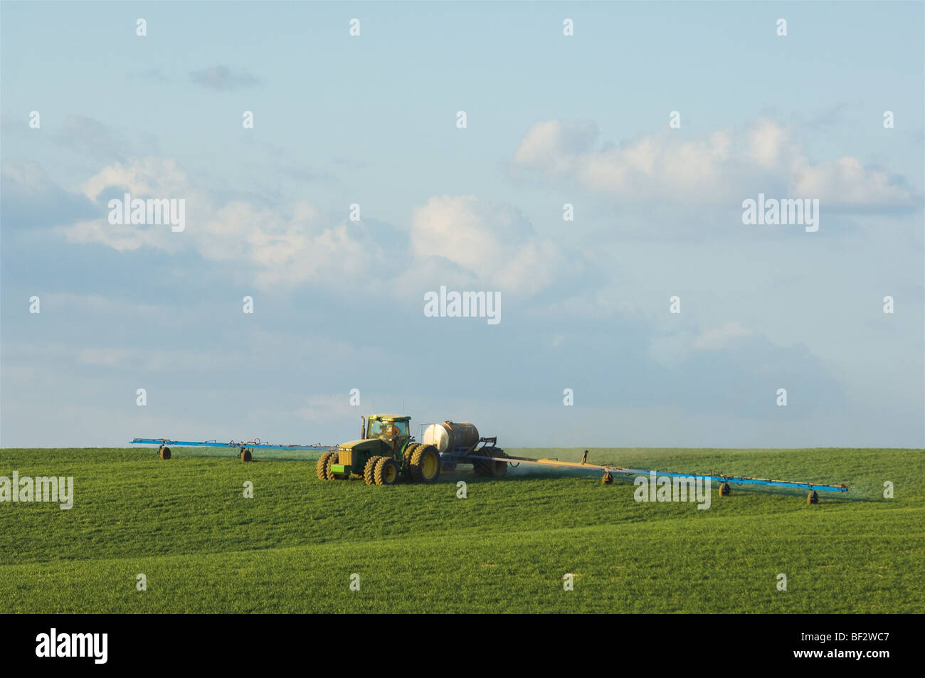Ground application of herbicide for weed control on a field of early growth winter wheat /  Palouse Region, Washington, USA. Stock Photo
