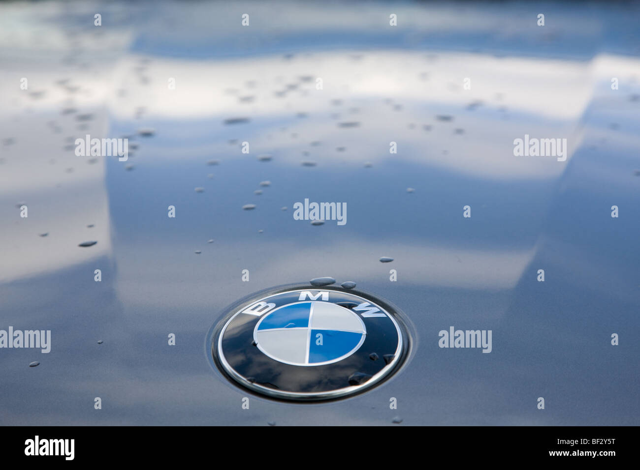 BMW Logo on bonnet after rain Stock Photo