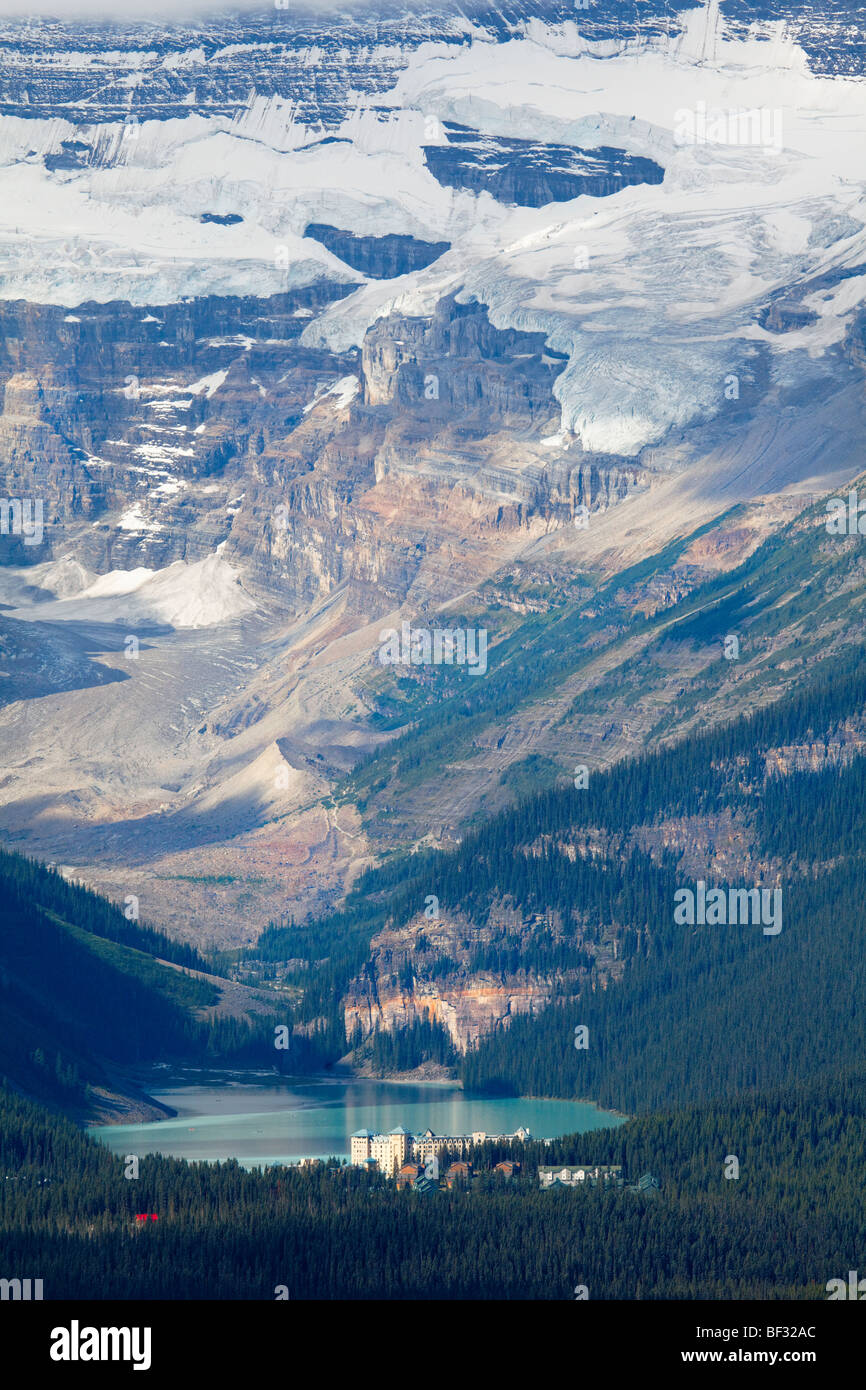 High Angle View of Lake Louise with the Victoria Glacier and Hotel, Alberta, Canada Stock Photo