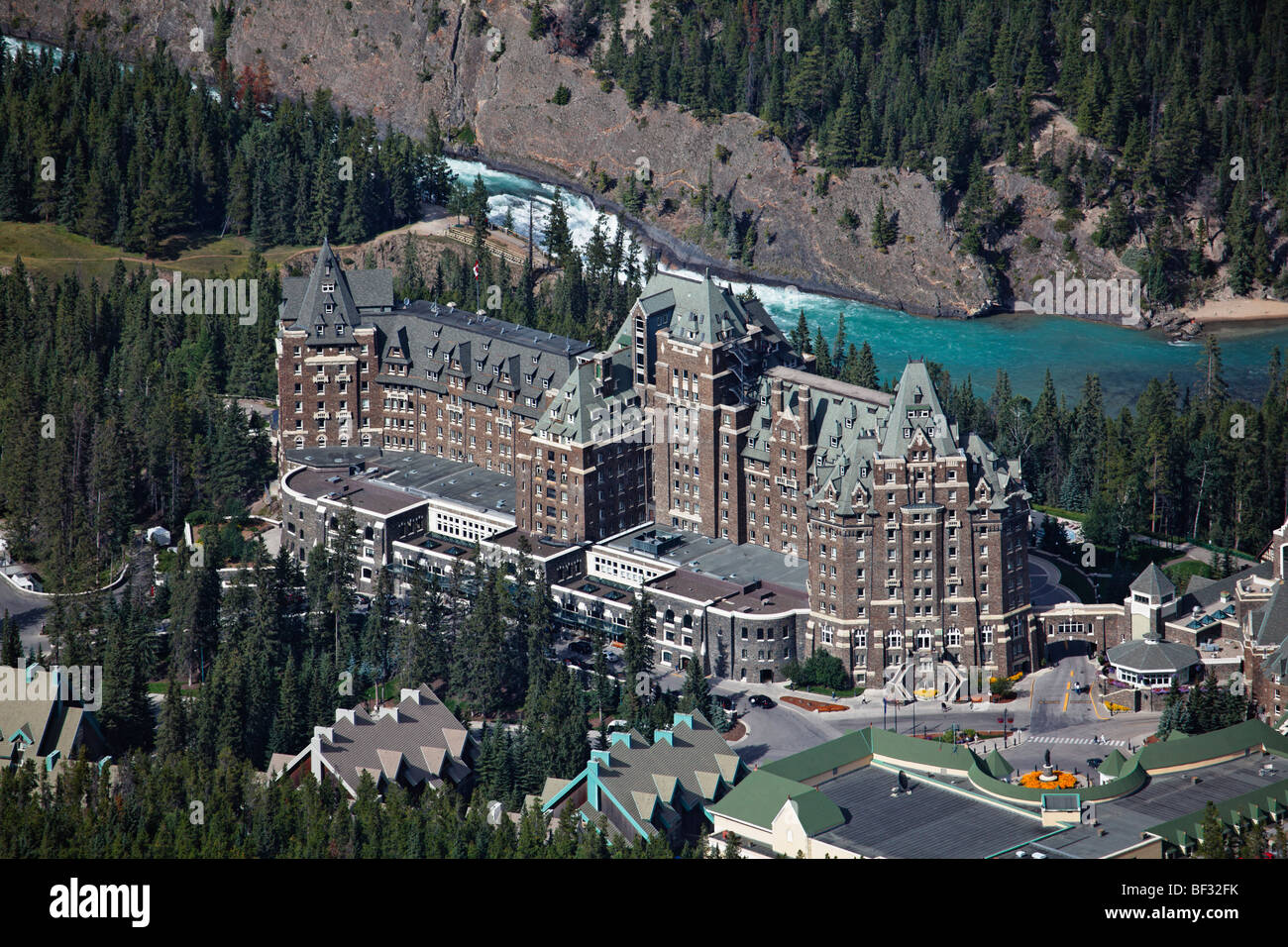 High Angle View of the Fairmont Banff Springs Hotel with the Bow River Falls, Banff, Alberta, Canada Stock Photo