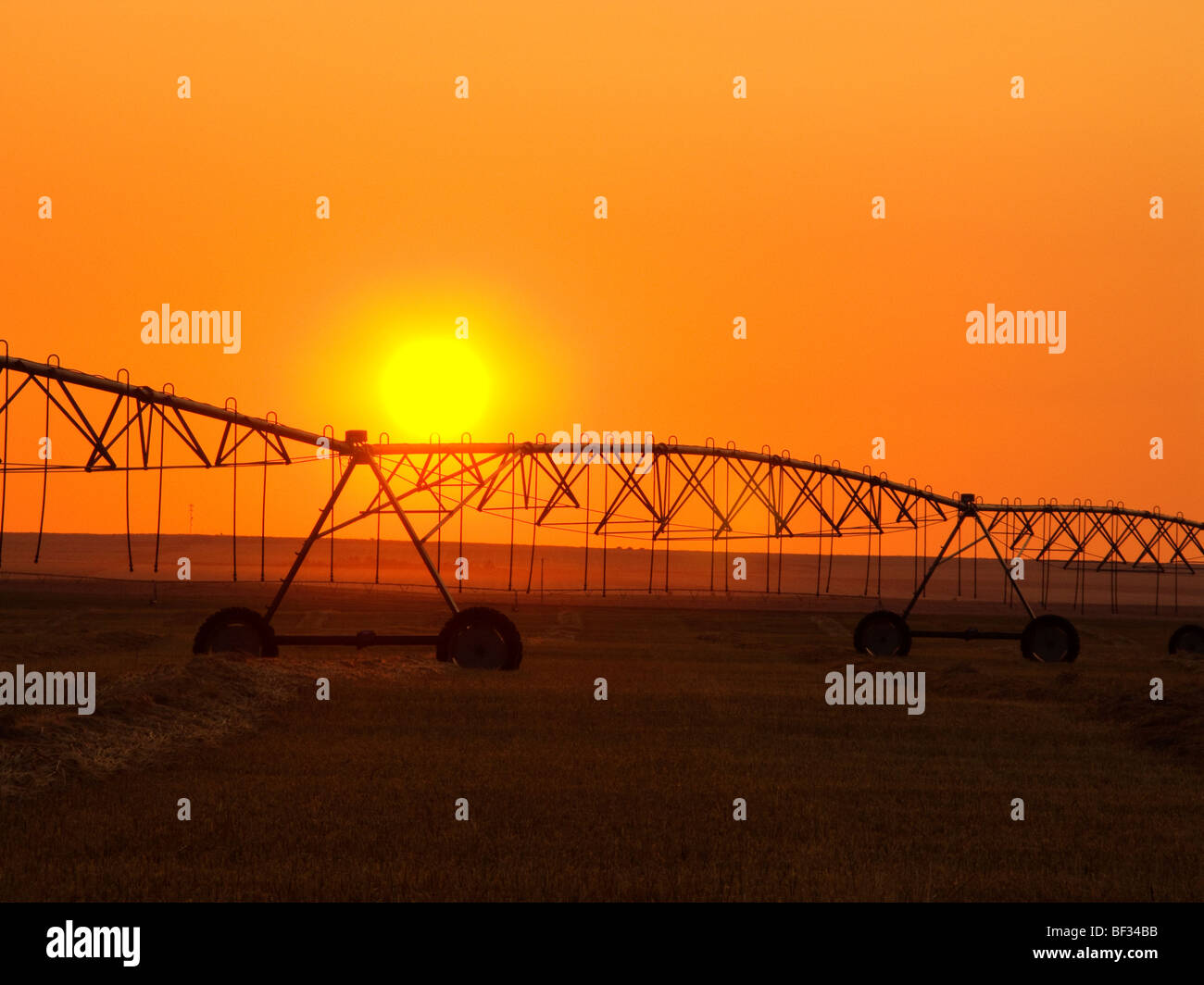 Agriculture - Center pivot irrigation system silhouetted at sunrise on a hay field / Alberta, Canada. Stock Photo