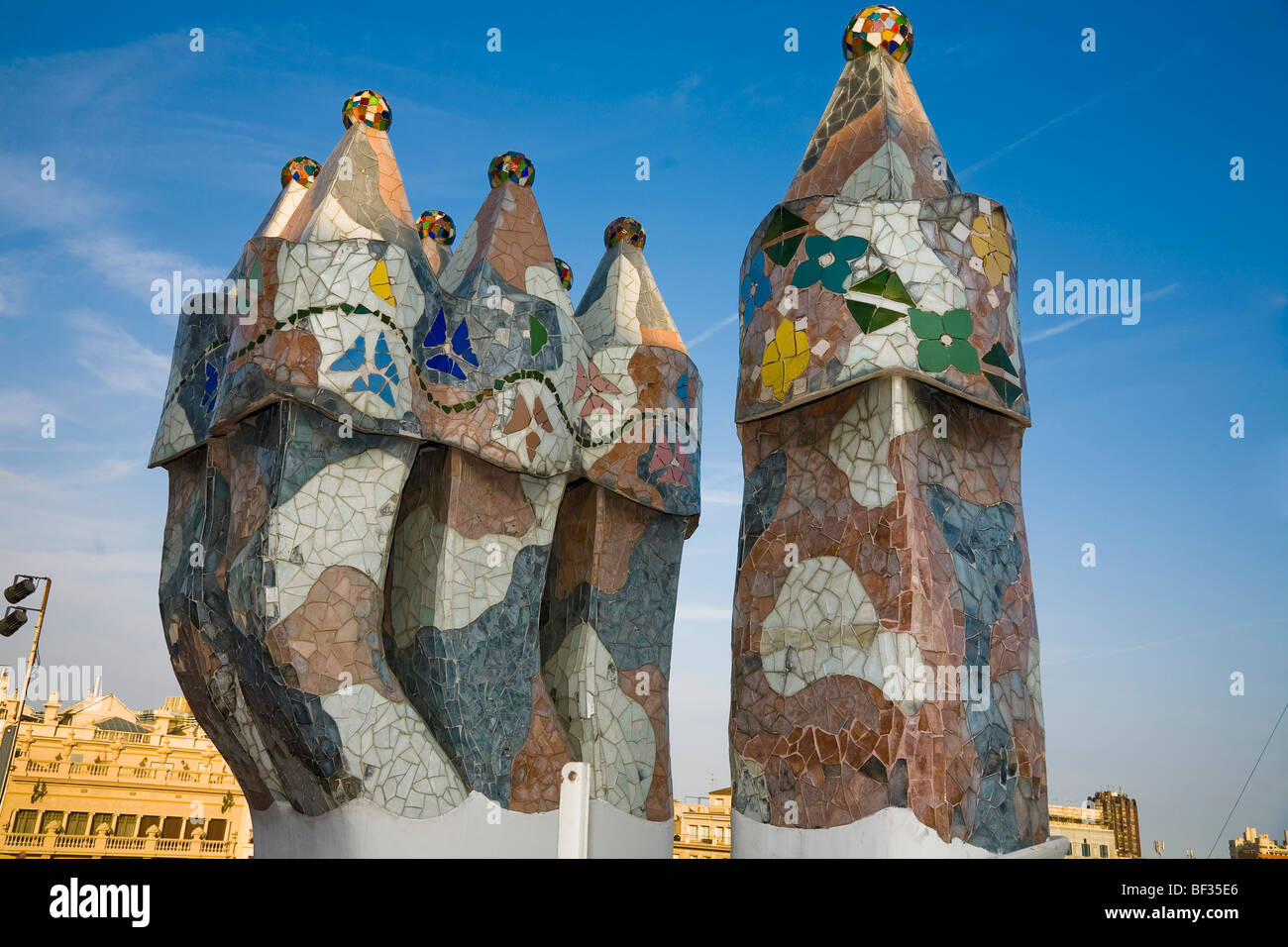 Spain, Barcelona - Casa Batllo by Antonio Gaudi, chimneys, Close-up Stock Photo