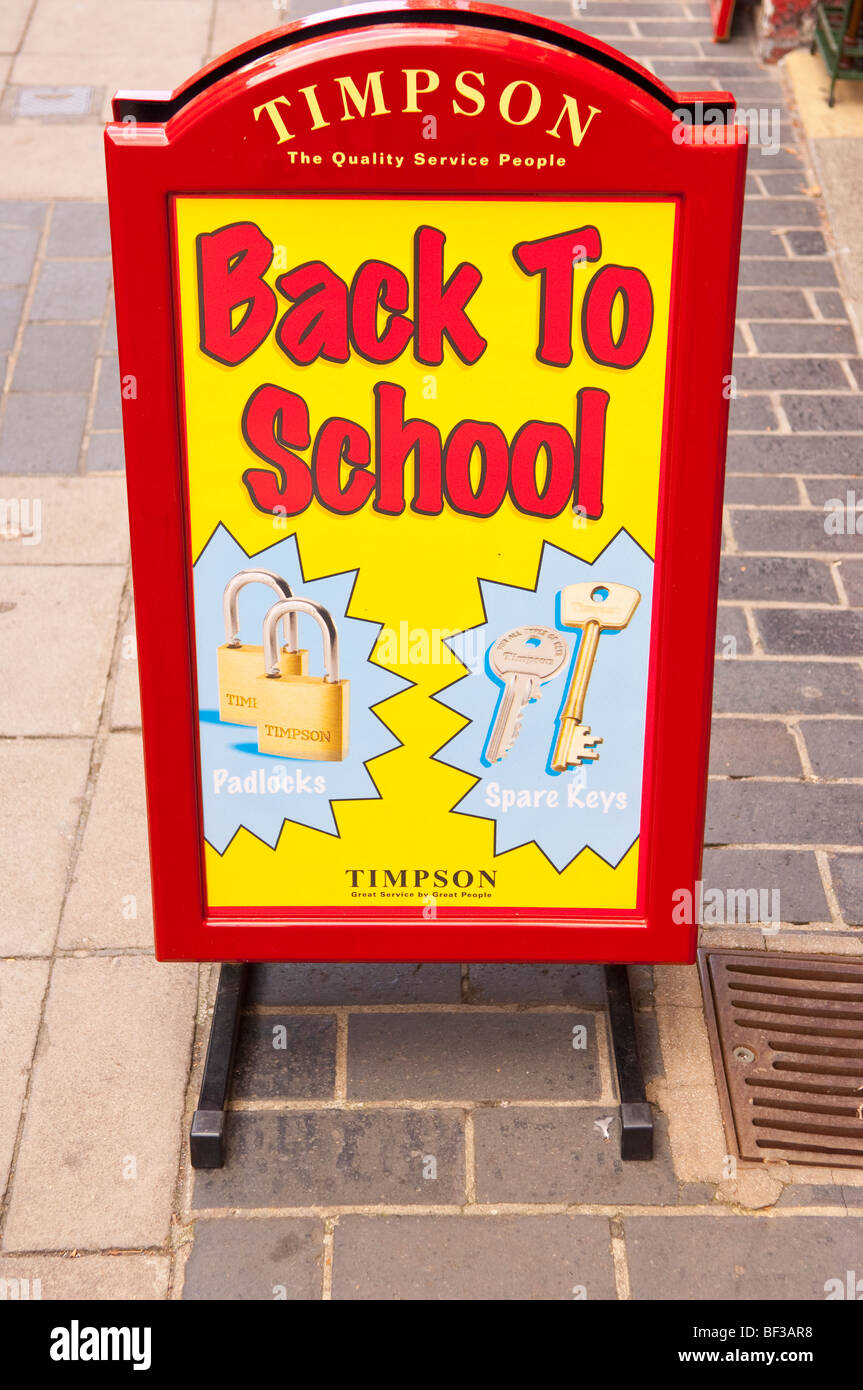 A sign outside the Timpson key cutting shop store saying back to school in Norwich , Norfolk