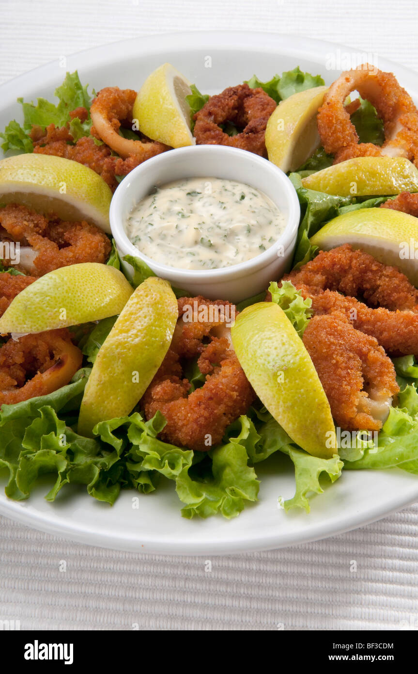 Close-up of crumb fried squid rings Stock Photo