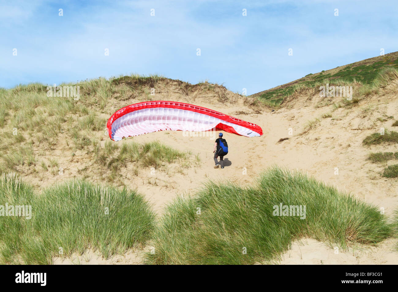 Paraglider ground handling, Rhossili Bay, the Gower Peninsular, Wales