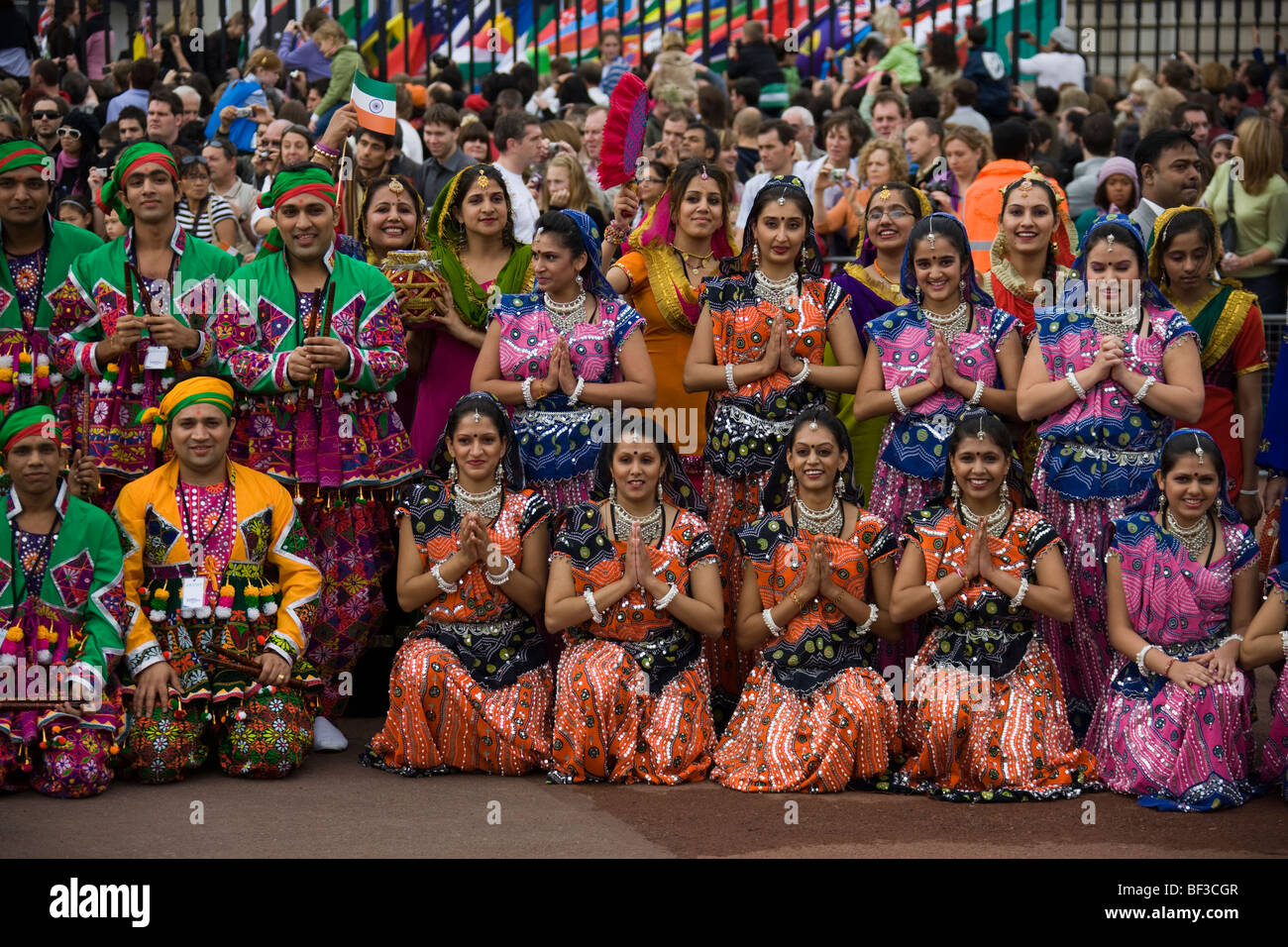 A UK based Indian dance troupe at the start of the Queen's Baton Relay in London to start the build up for the Delhi 2010 Games Stock Photo