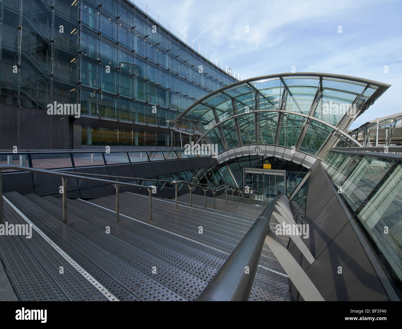the contemporary architecture of the Brussels Luxembourg underground train station uses mostly metal and glass. Stock Photo
