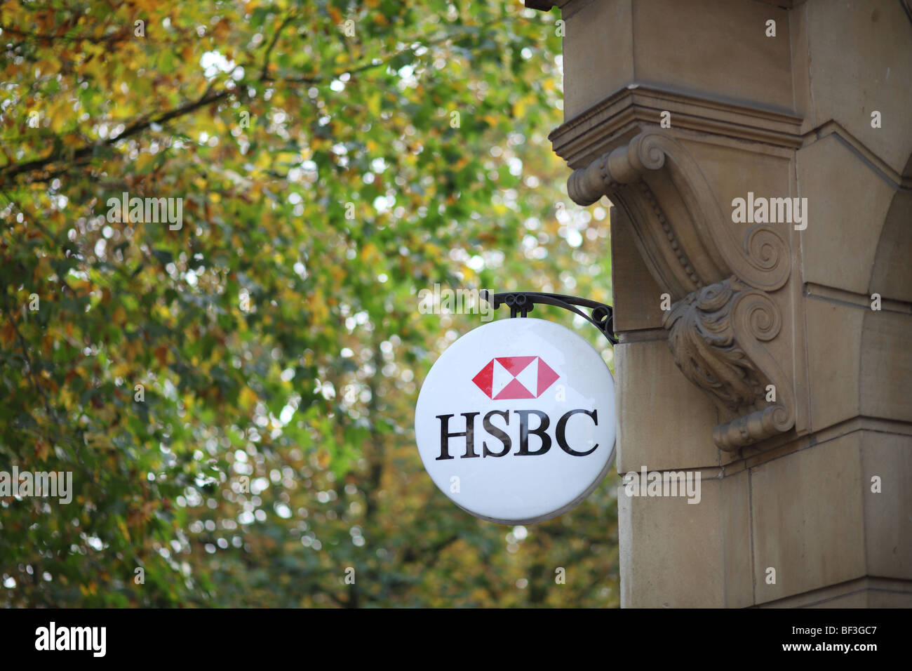 A sign for the HSBC bank in Bridge Street, Peterborough, Cambridgeshire. Stock Photo