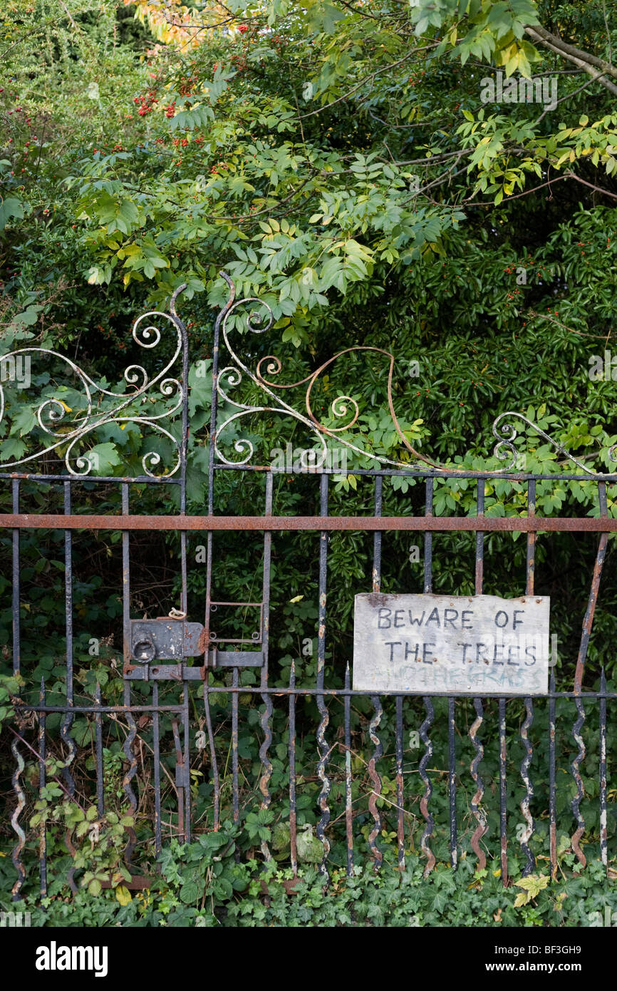 An incongruously ironic statement is written on rusting wrought-iron gates alerting people to the danger of London trees. Stock Photo