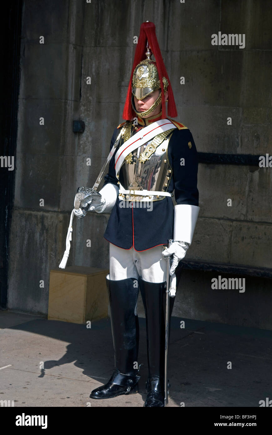 A soldier of the Royal Horseguards standing at attention in Whitehall Court, London, England Stock Photo