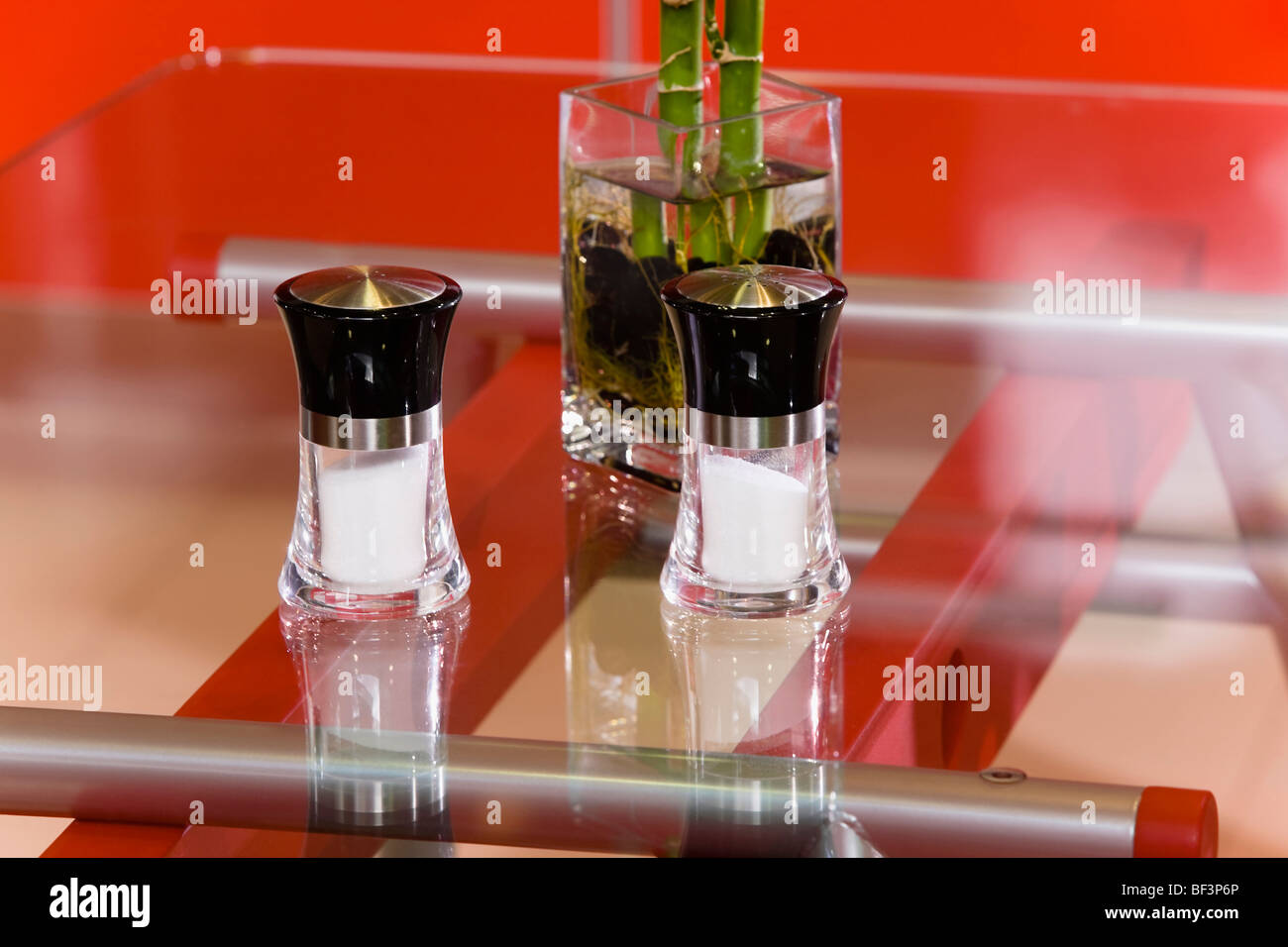 Salt shakers with a lucky bamboo on a table Stock Photo