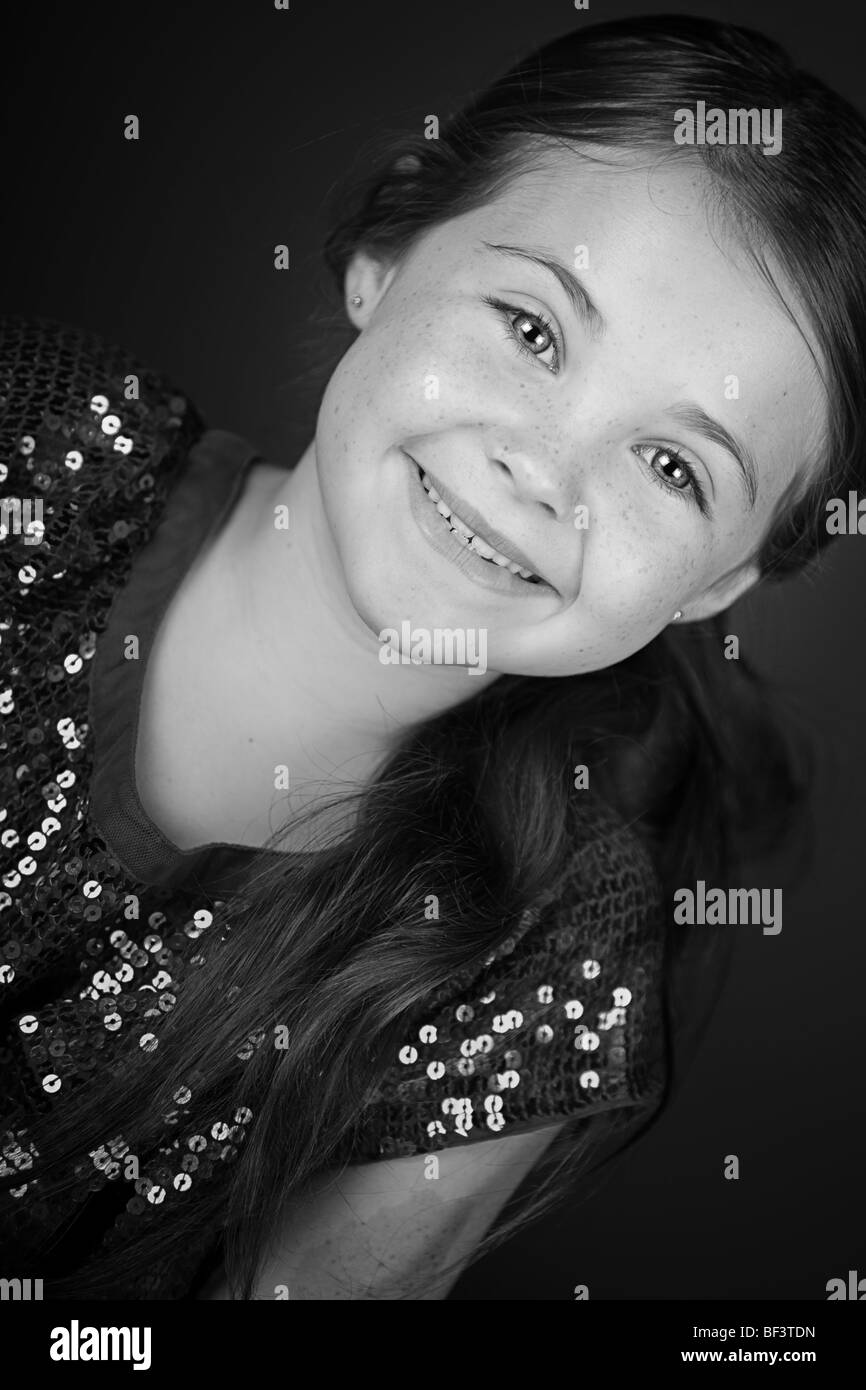 Black and White Portrait of a Pretty Brown Haired Child Stock Photo