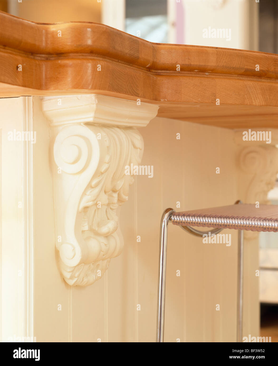 Close Up Of White Corbel On Fitted Kitchen Unit Below Wood Worktop Stock Photo Alamy