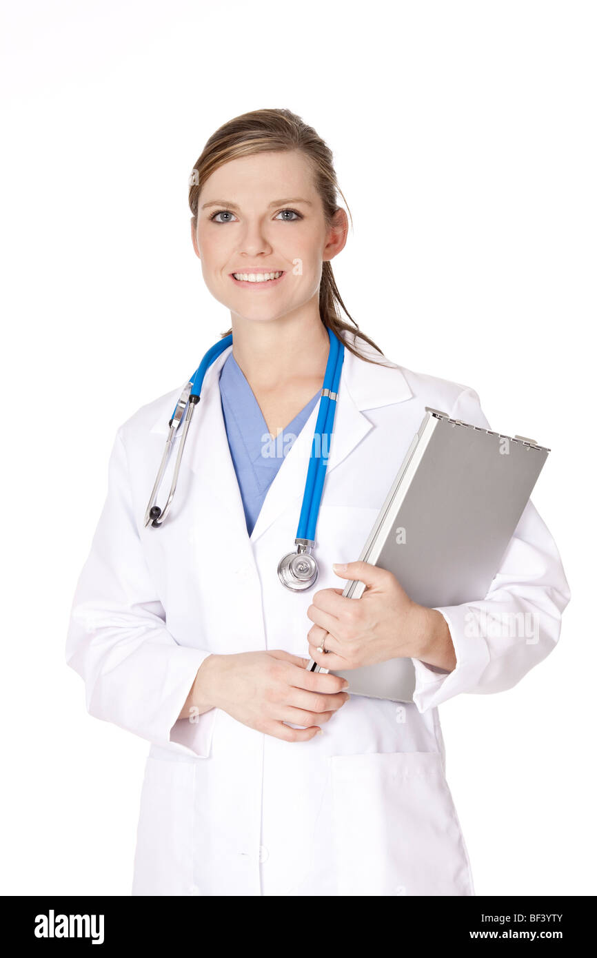 Beautiful Caucasian doctor or nurse holding a laptop computer Stock Photo