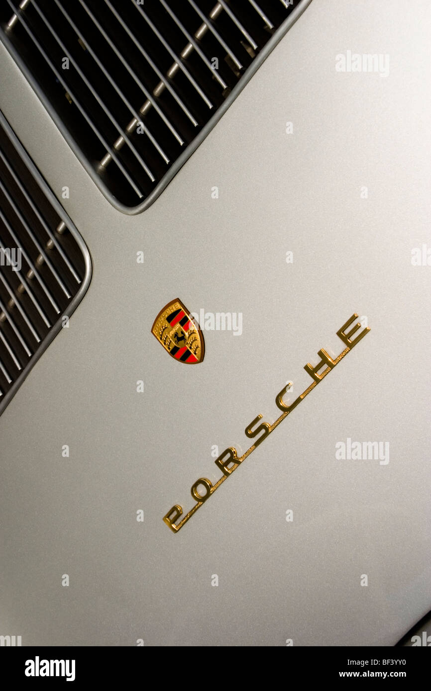 Detail of Porsche with badge Stock Photo