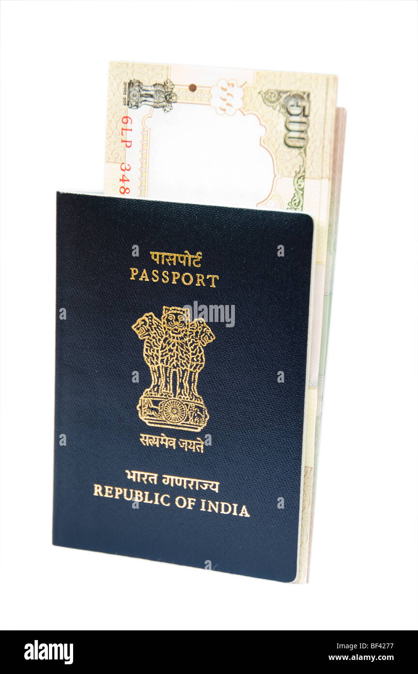 Indian passport and currency cutout Stock Photo