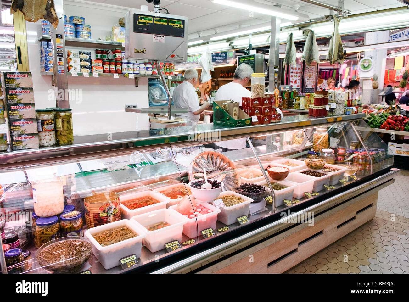 stall selling condiments in the central market, Mercado central of Valencia, Spain Stock Photo