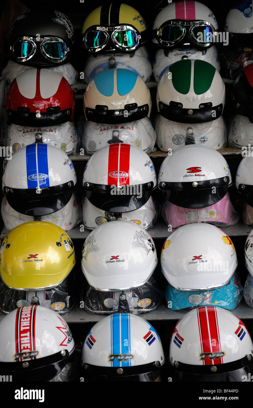 Ben Thanh Market ho chi minh vietnam shop selling motorbike bicycle bike cycle cycling helmets transport safety wear Stock Photo