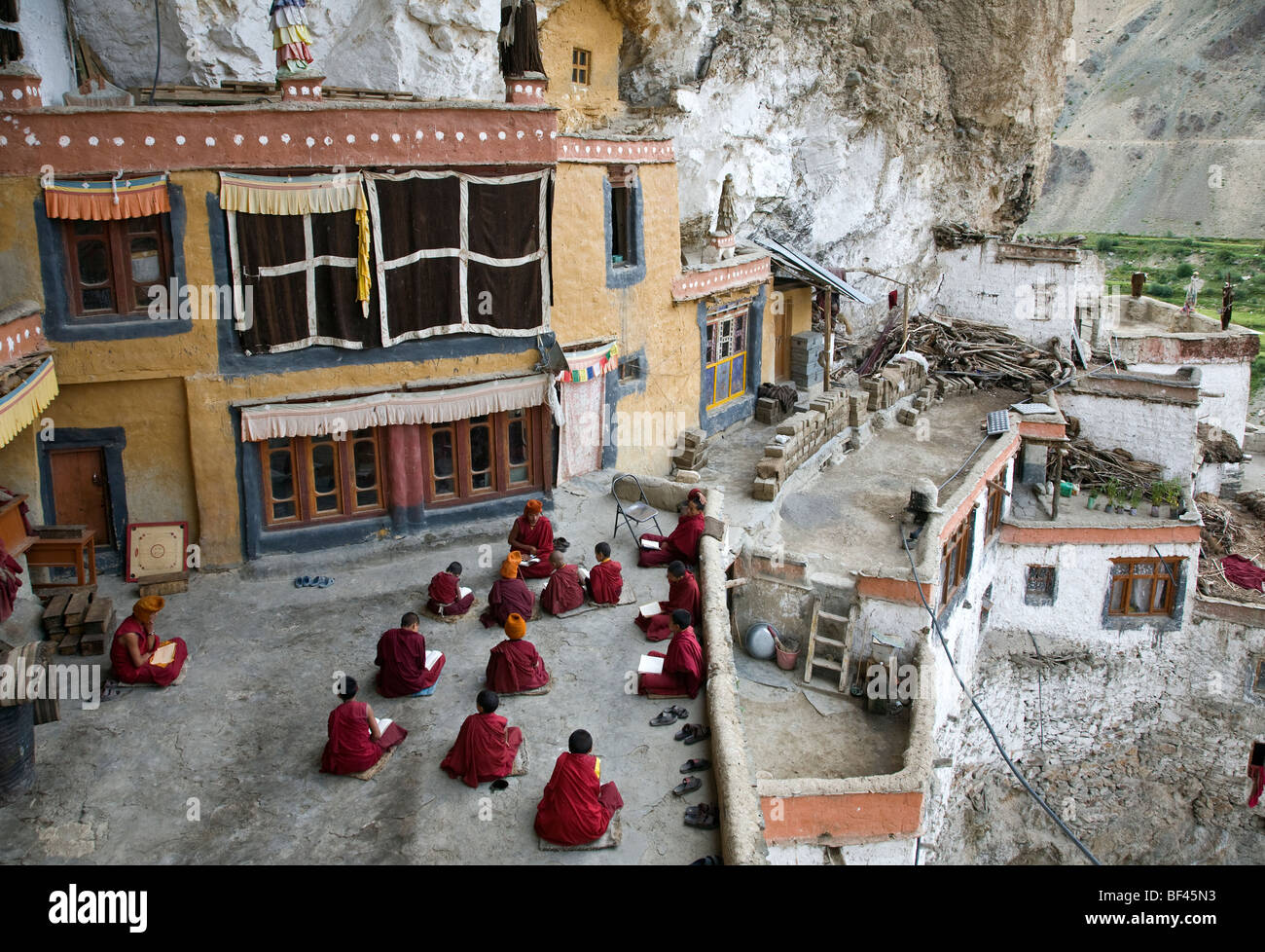 Novice monks studying. Phugtal monastery. Zanskar. India Stock Photo