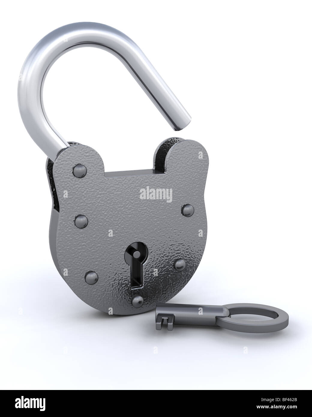 3D unlocked Security padlock with a key - isolated Stock Photo