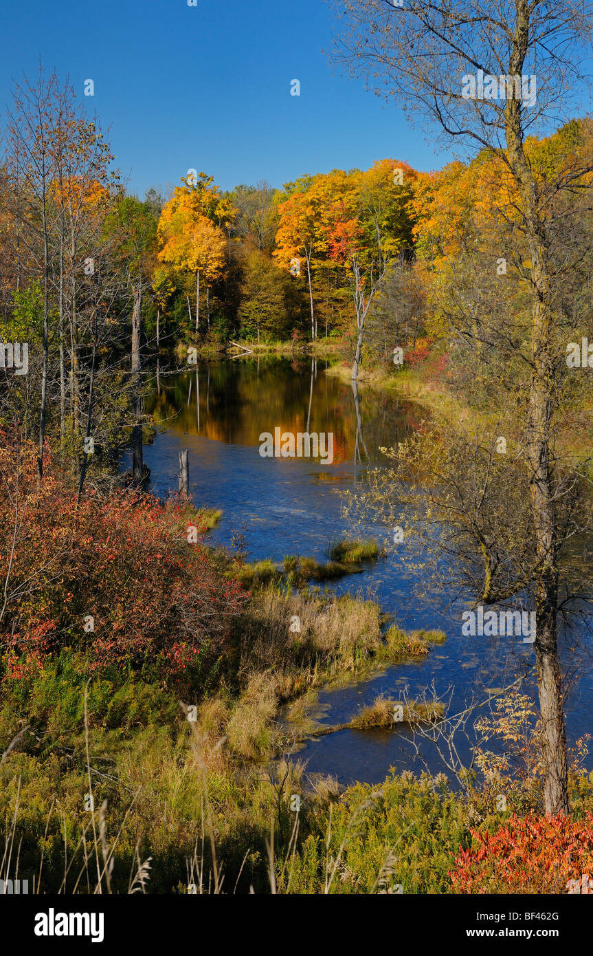 Small lake with trees in Fall colors in the hills of Oak Ridges Moraine at Caledon Ontario Canada Stock Photo