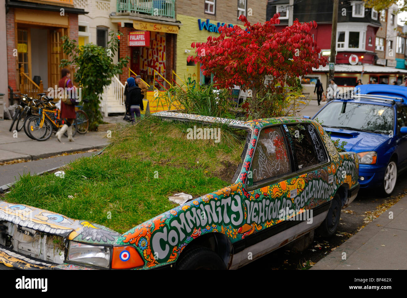 Wacky junked car parked on Toronto street filled with earth and growing grass and red burning bush Community Vehicular Reclamation Project Stock Photo