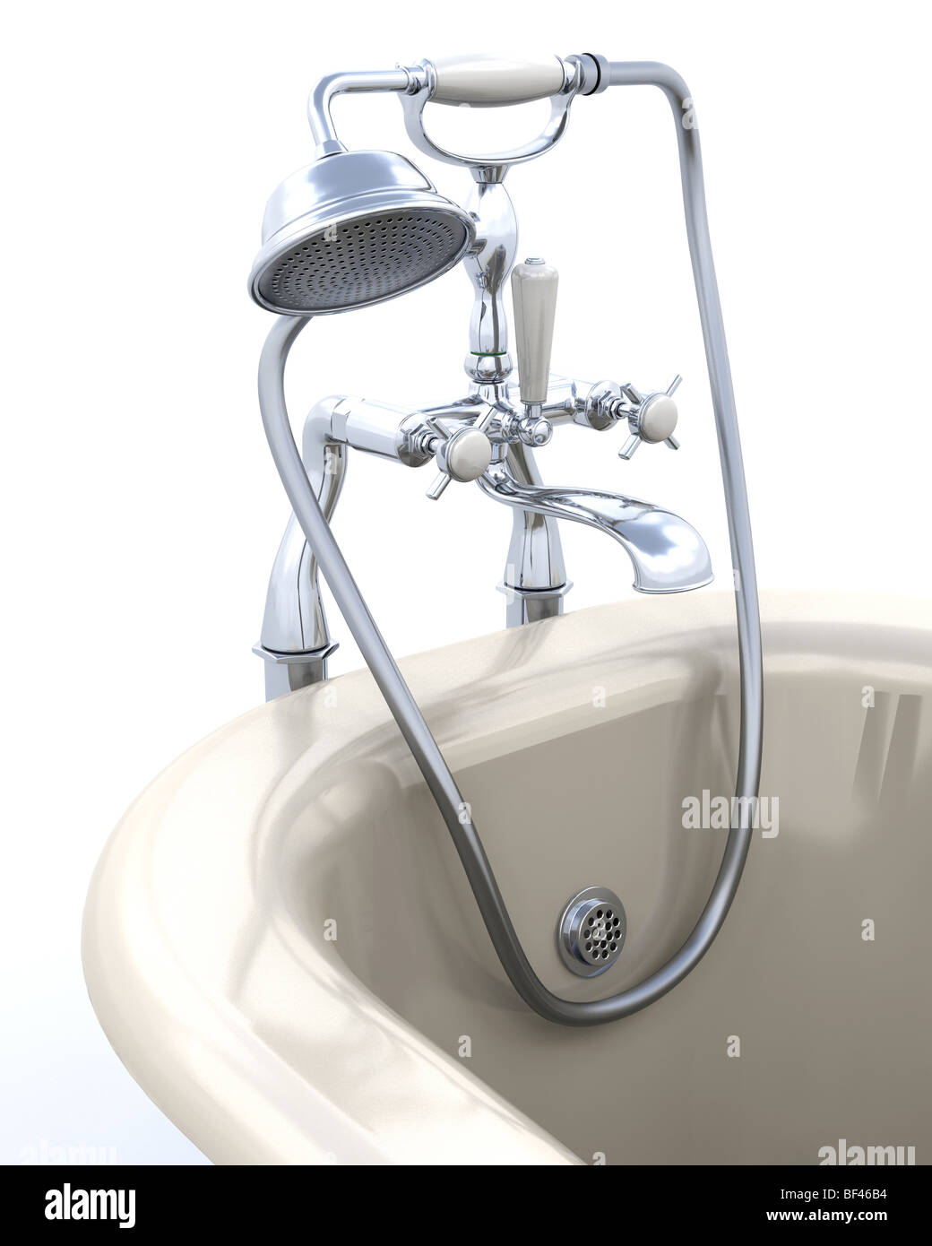 3d render of classic roll top bath and taps with shower attachment in