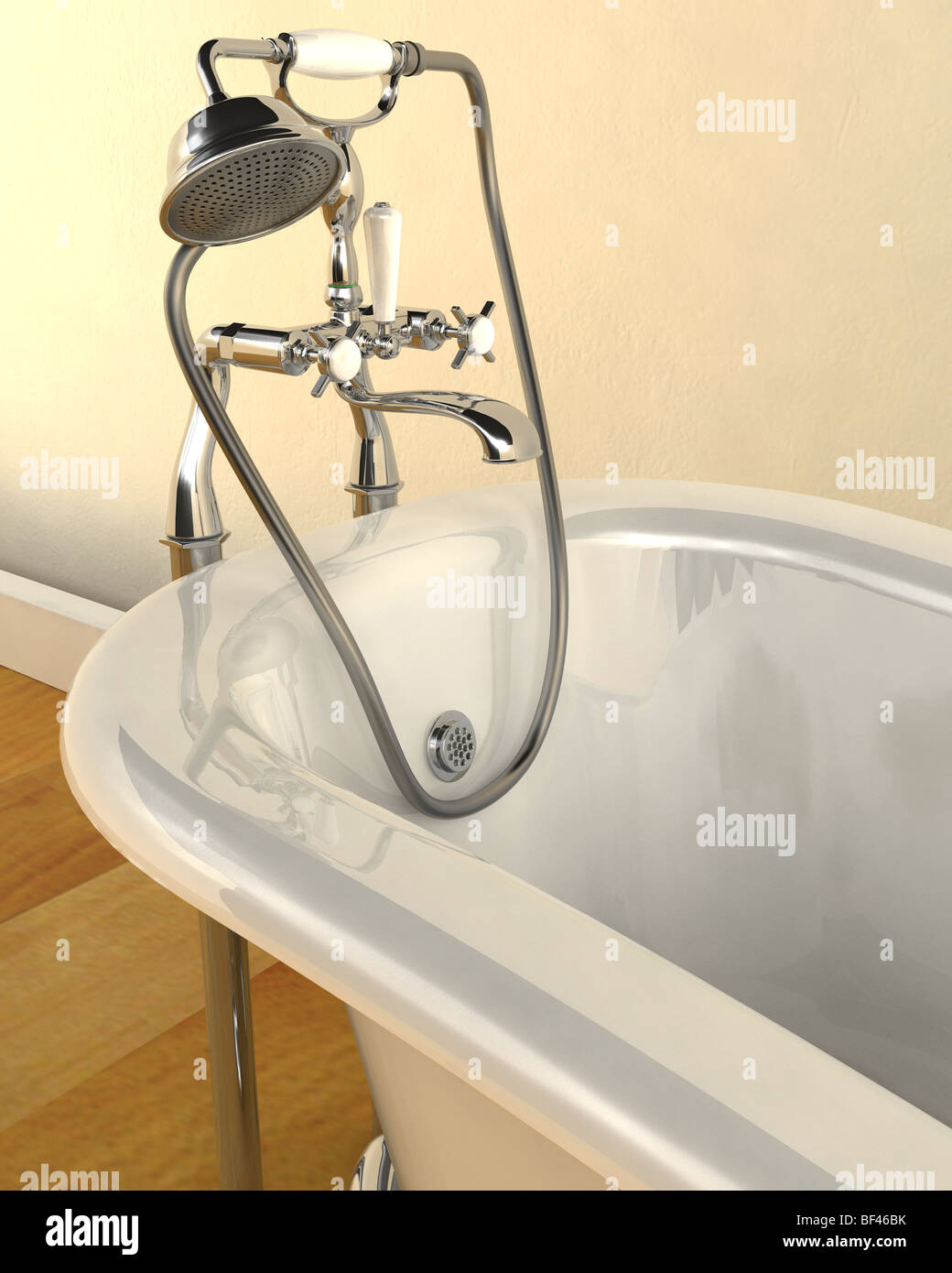 3d render of classic roll top bath and taps with shower attachment in ...