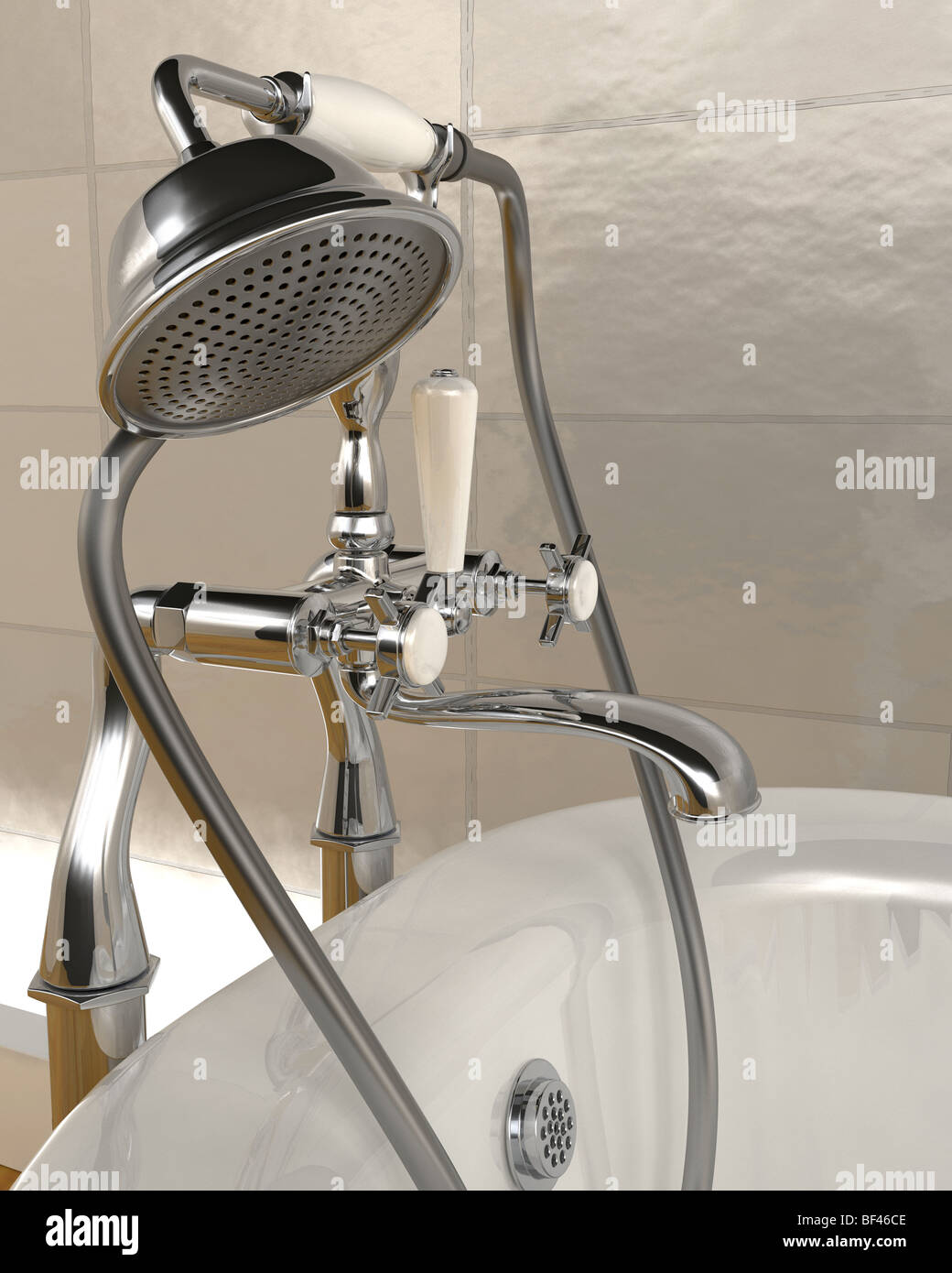 3d render of classic roll top bath and taps with shower attachment in
