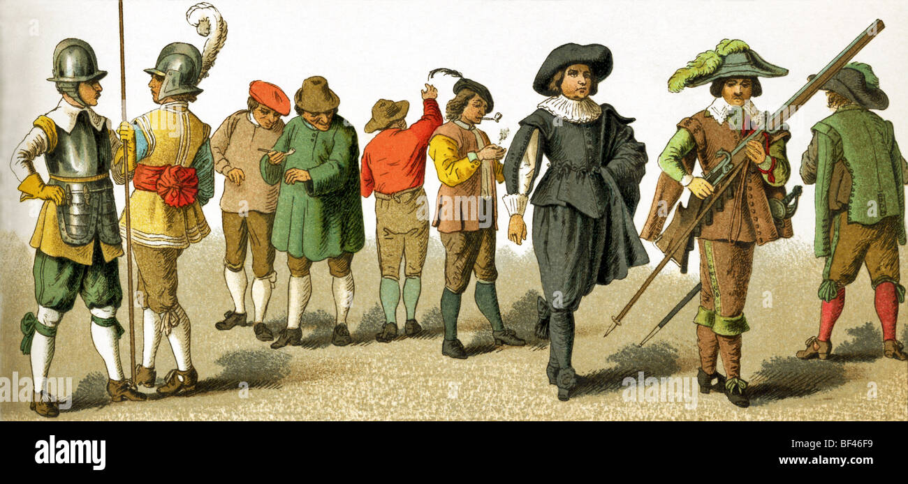 The Netherlands figures  from 1600 represent, from left to right: two soldiers, four peasants, a man of rank, two soldiers. Stock Photo