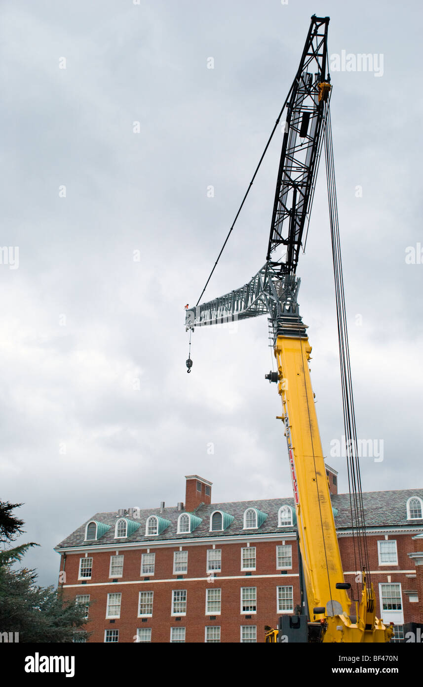 A construction crane sits idle over the weekend at Johns Hopkins University in Baltimore, Maryland. Stock Photo