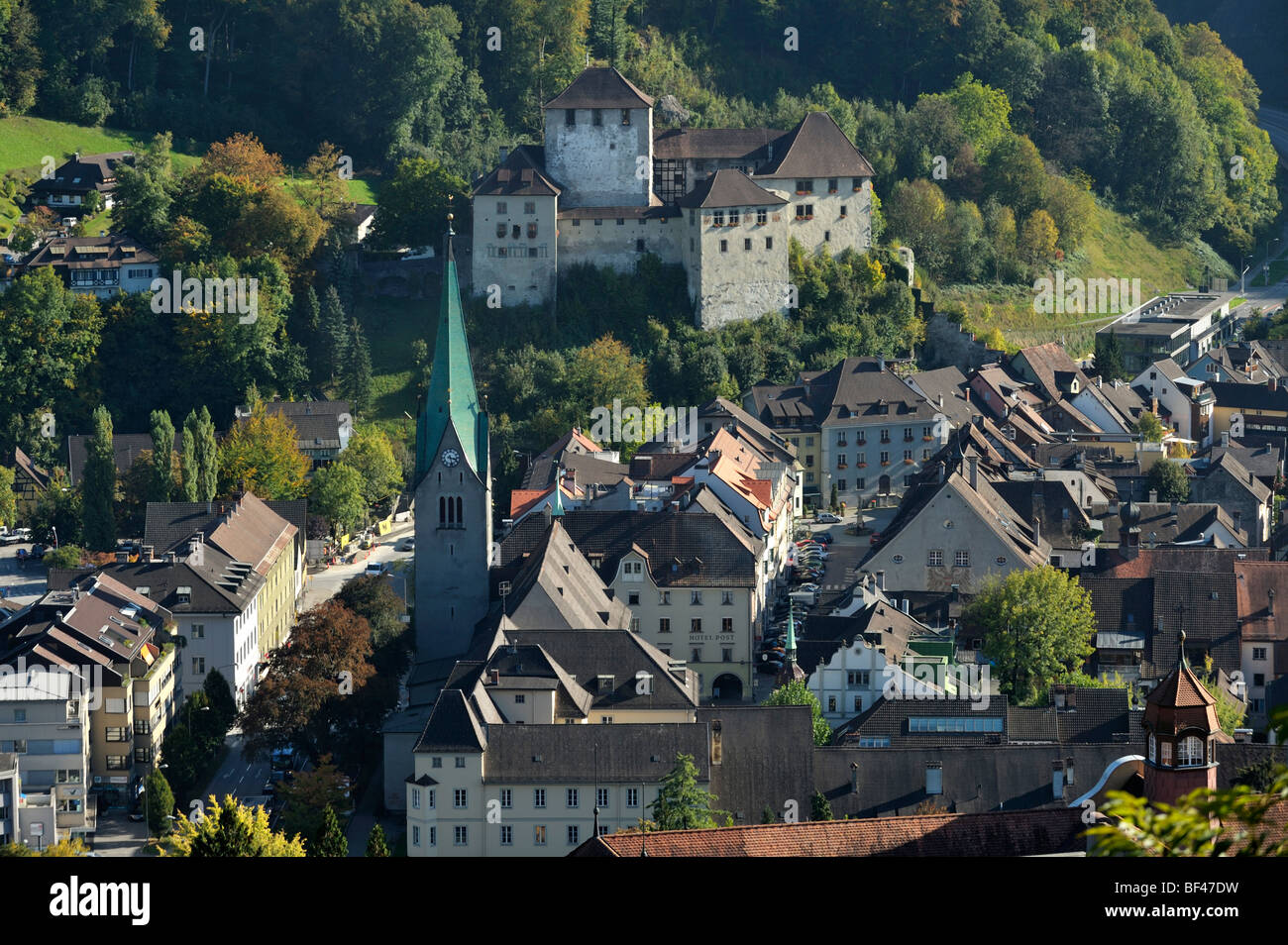 Downtown Feldkirch with its Castle Schattenburg and Church, Austria AT Stock Photo