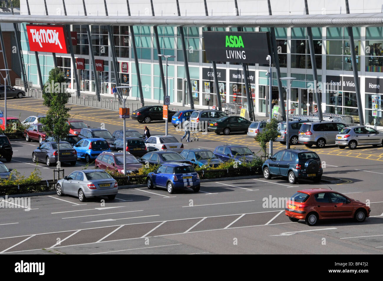 Aerial view of Asda Living & TK Maxx stores & shop fronts with cars in