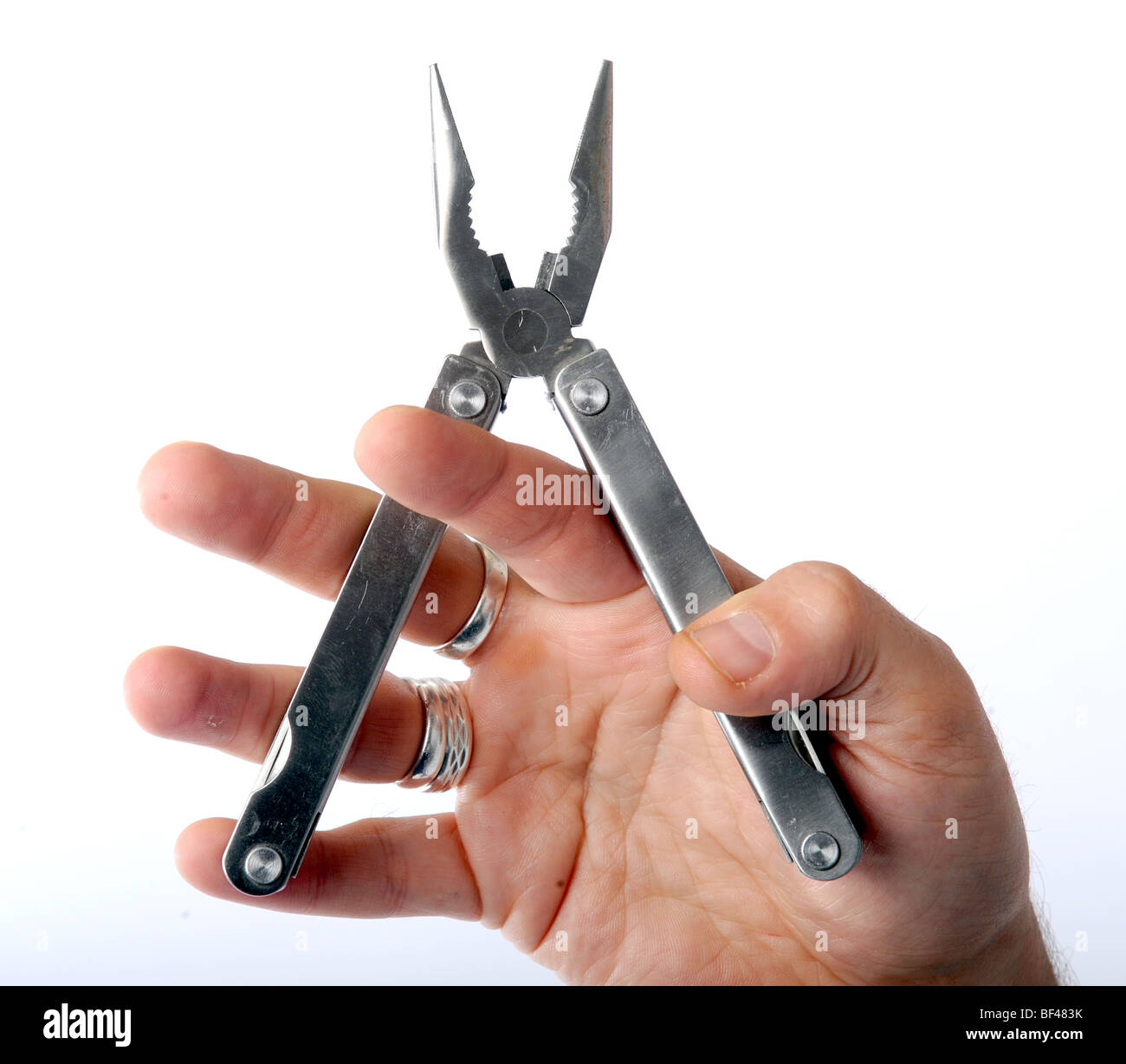 Rolson leatherman style retractable toolkit including knives pliers and screwdriver Stock Photo