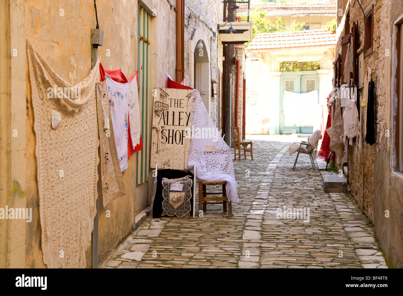 Typical alleyway, crocheted table cloths, souvenirs, Lefkara, Cyprus, Greece, Europe Stock Photo