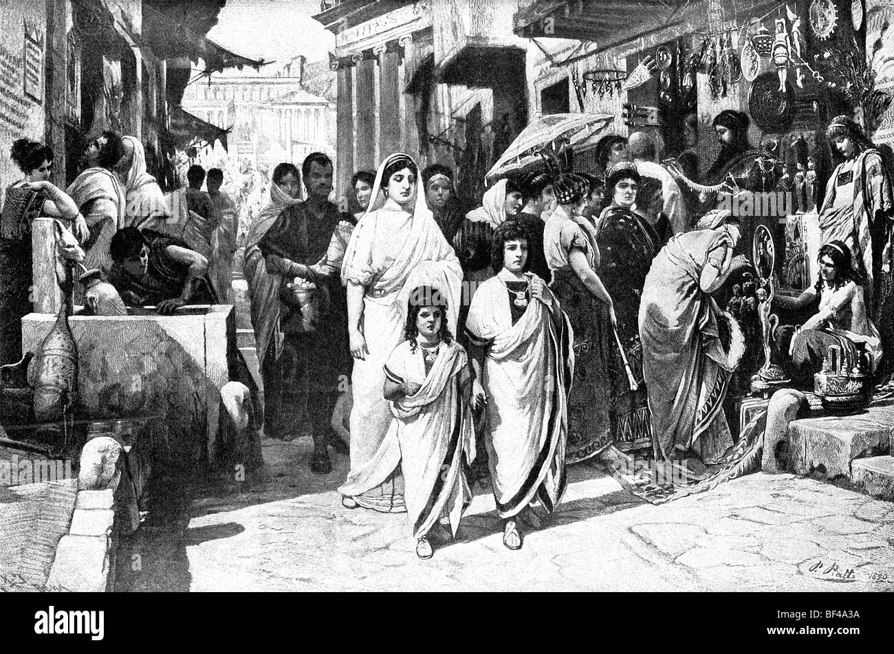 The Roman patrician Cornelia walks with her sons, Tiberius and Caius Gracchus. Each boy wears a bulla. Stock Photo