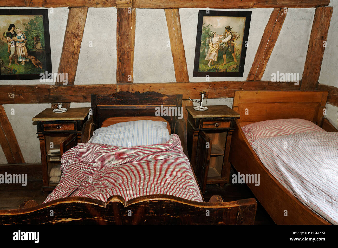 Beds in the servants' bedroom, historic bakery from 1730, Wolfegg Farmhouse Museum, Allgaeu, Upper Swabia, Baden-Wuerttemberg,  Stock Photo