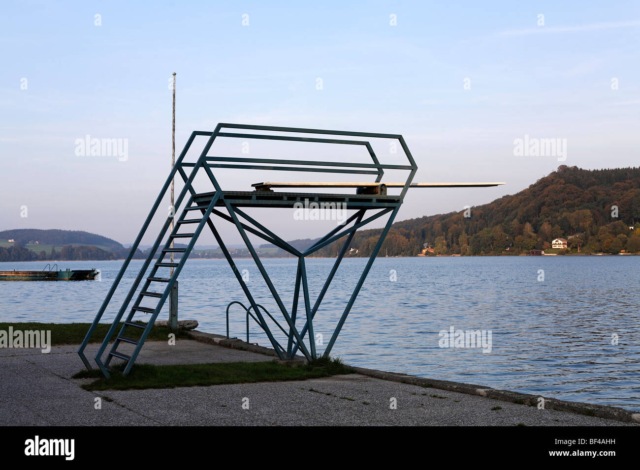 Diving platform at the lake, historic lido from 1927, Mattsee, Flachgau, Salzburger Land region, Salzburg, Austria, Europe Stock Photo