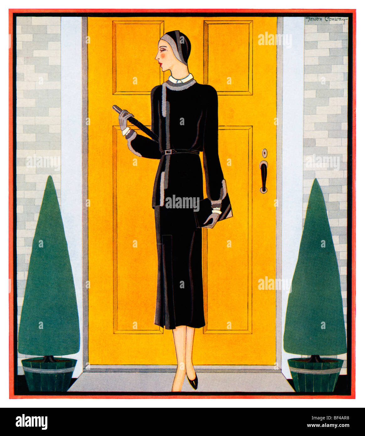 Early Autumn, Beautiful 1930s fashion illustration of a lady dressed for Autumn in front of a yellow door Stock Photo