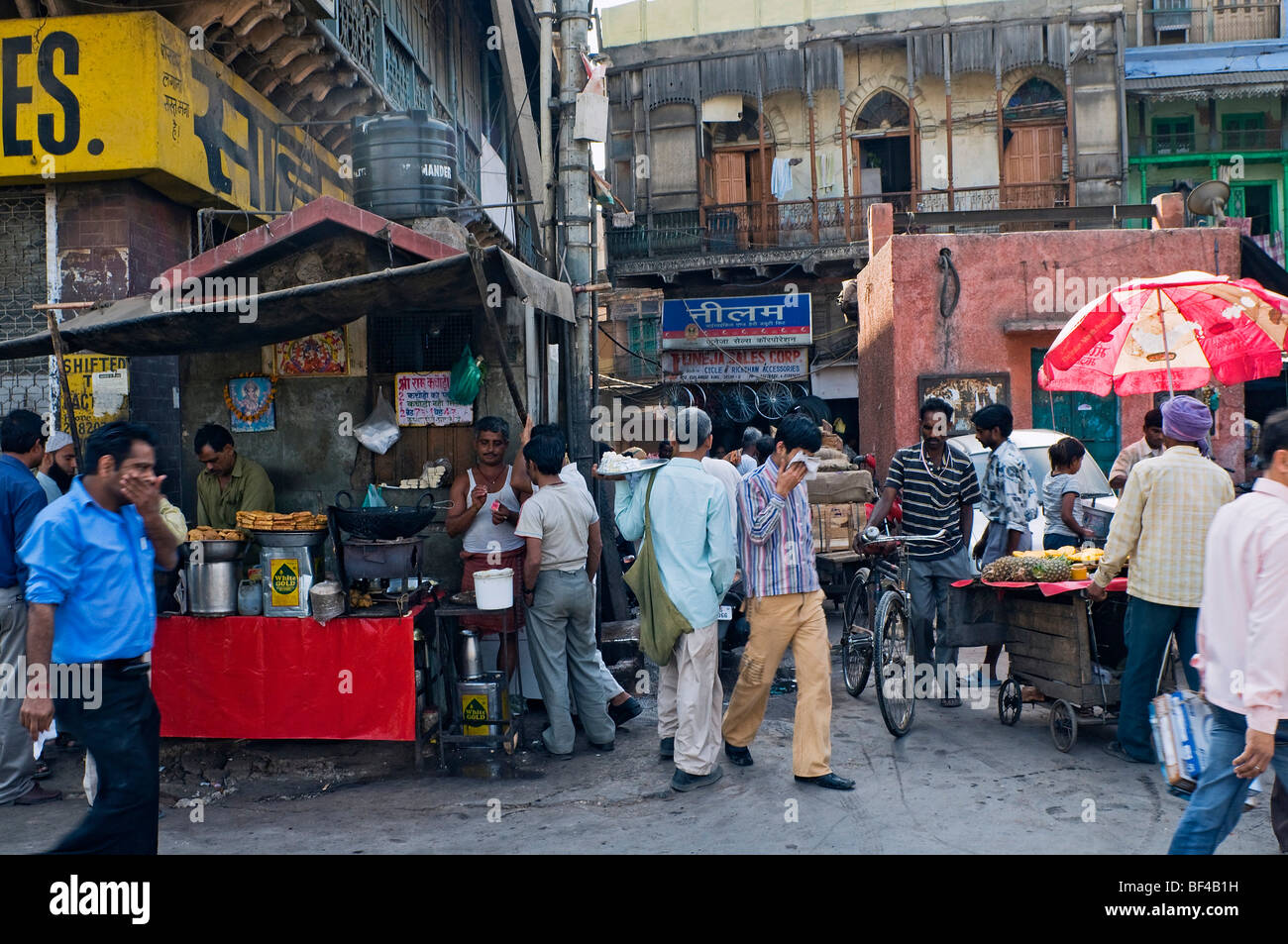 Street scene with snack bar, Old Delhi, India, Asia Stock Photo