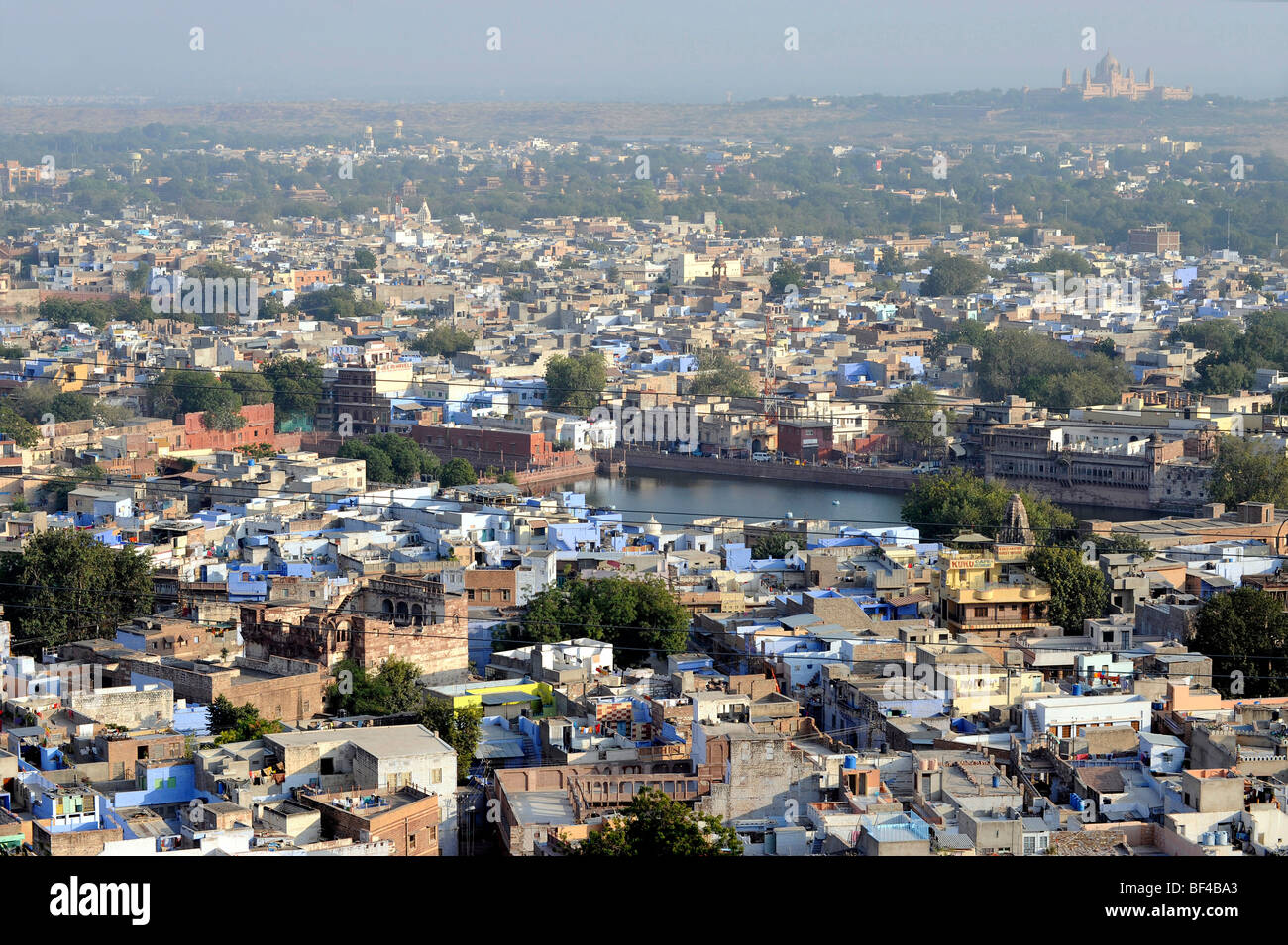 View of Jodhpur, 'The Blue City', the Umaid Bhawan Palace in the back, Rajasthan, North India, India, South Asia, Asia Stock Photo