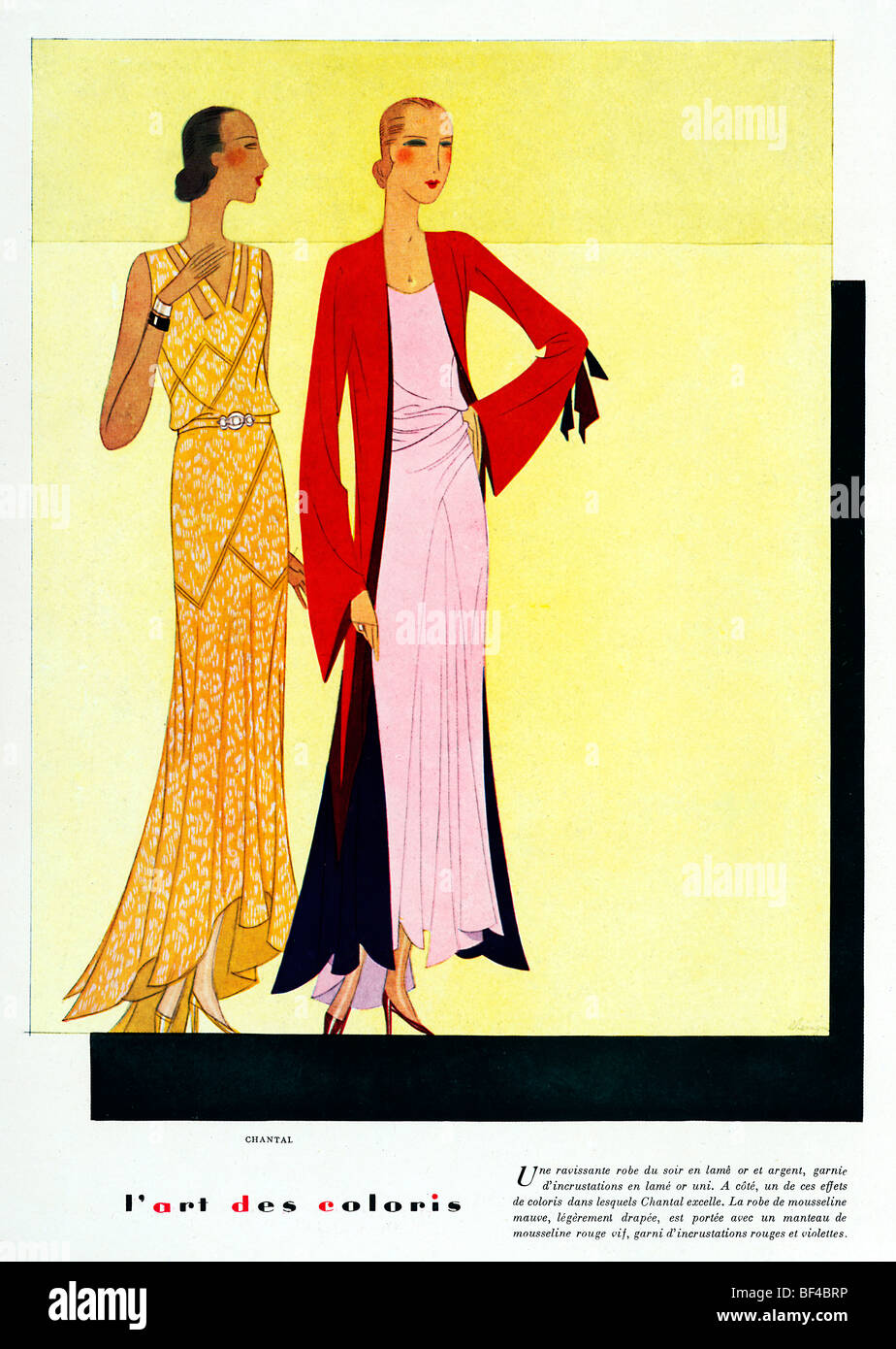 LArt Des Coloris, 1930s French fashion magazine illustration of brilliantly coloured elegant gowns by Chantal Stock Photo