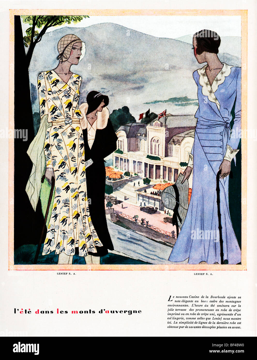 LEte Dans LAuvergne, 1930s French fashion magazine illustration of the new Casino in La Bourboule, frocks by Lenief Stock Photo