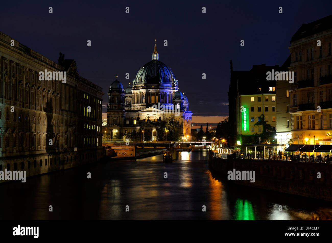 Night view of the dome of Berlin Cathedral with Spree River, Berlin, Germany, Europe Stock Photo