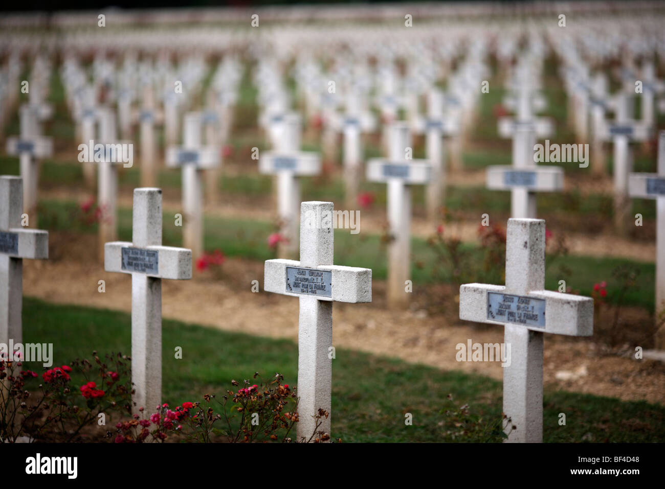Crosses marking the graves of French soldiers in the military cemetery at the Ossuaire de Douaumont near Verdun in France Stock Photo