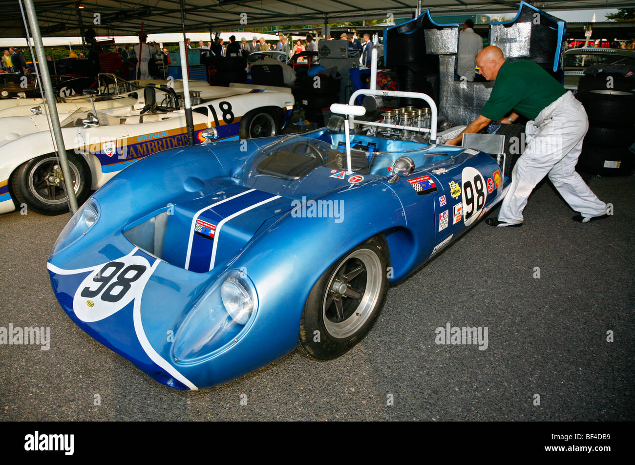 1965 Lola-Chevrolet T70 Spyder being prepared in the paddock at the 2009 Goodwood Revival, Sussex, UK. Stock Photo